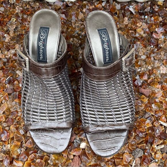 Brighton Pewter/Silver Woven Reed Slide Open Toe Heel Sandal Leather Size 7M EUC - Picture 11 of 12